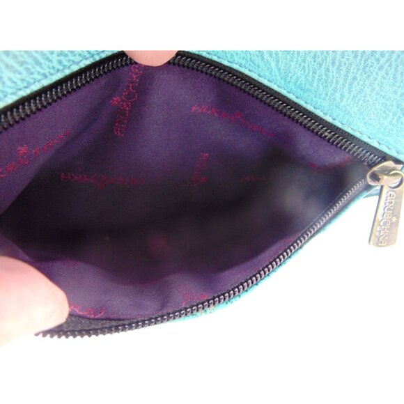 Anuschka Leather Crossbody Purse Wallet Teal Blue Feather Peacock Hand Painted - Picture 10 of 16